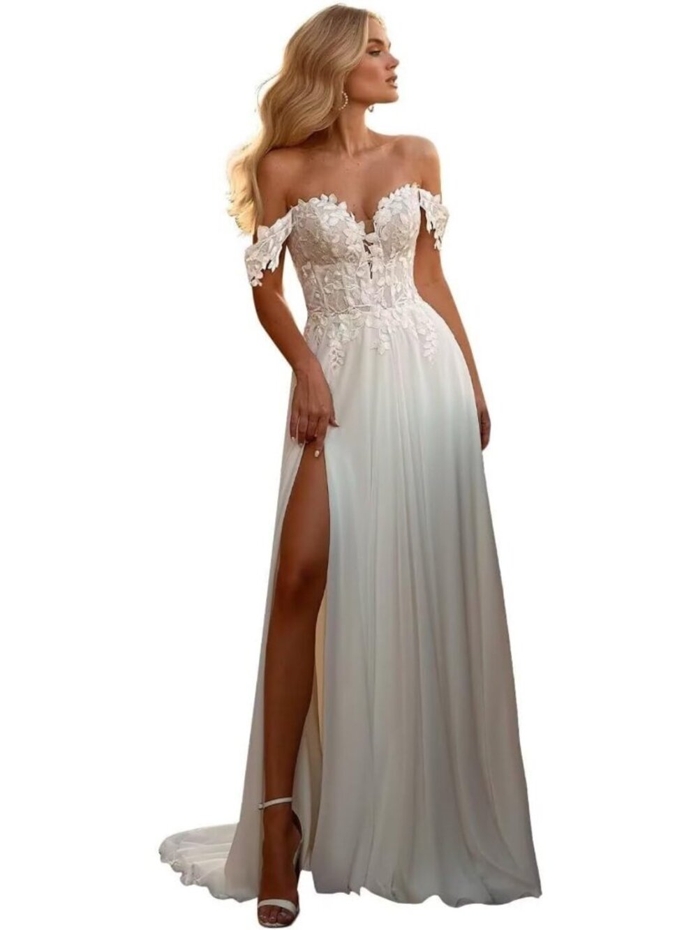 White Lace Chiffon Boho Beach Wedding Dress Bridal Gown Size 6